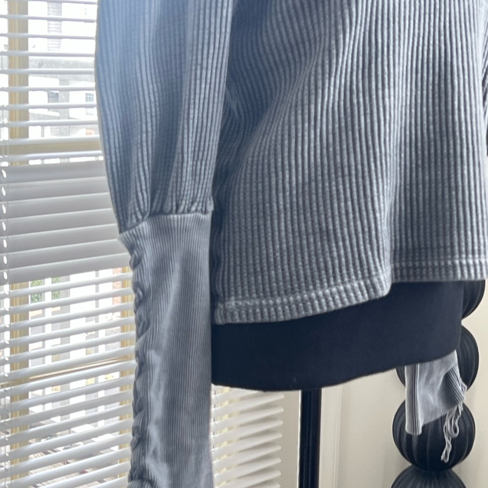 Free People Gray Ribbed Tie Front Long Sleeve Blouse - Picture 6 of 9